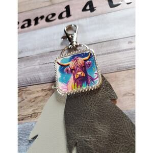 Handcrafted Leather Feather & cow lover concho keychain, saddle charm, cow gifts